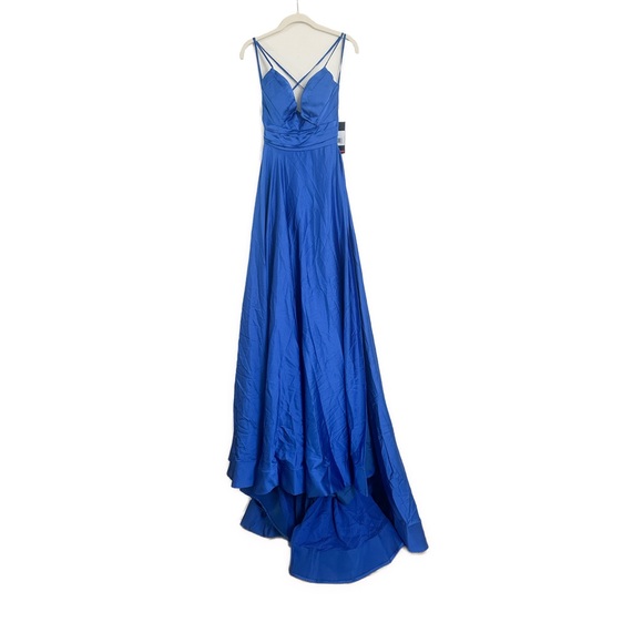 La Femme 28571 Royal Satin Blue Faux Wrap Strappy Back Gown Size 4 NWT - Picture 4 of 6